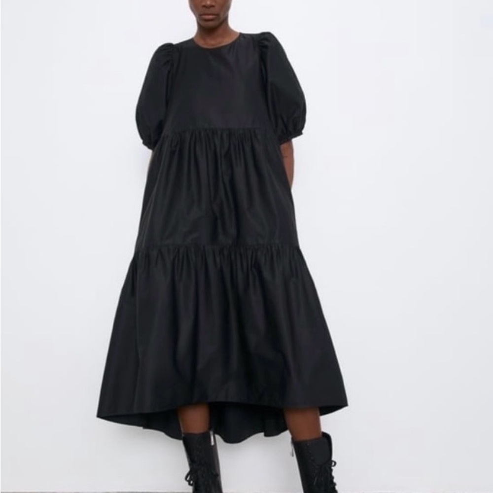 Zara Black Cotton Poplin Tiered Midi Dress • Puff Sleeves • Size S